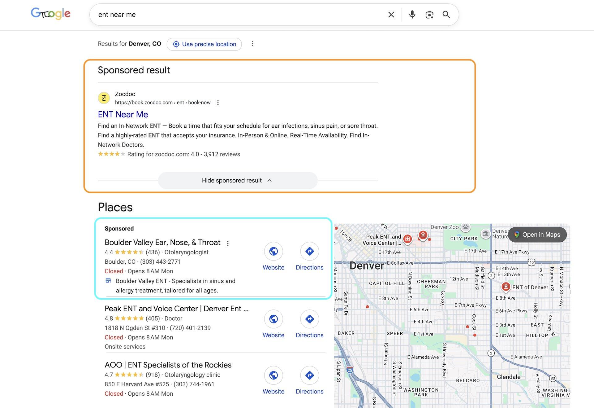 Google results for an ENT query showing a sponsored search ad at the top and sponsored local pack ads below.