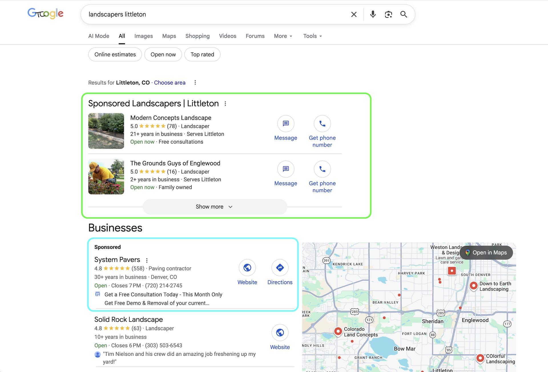 Google results for landscapers in Littleton showing Local Service Ads and a sponsored local pack.