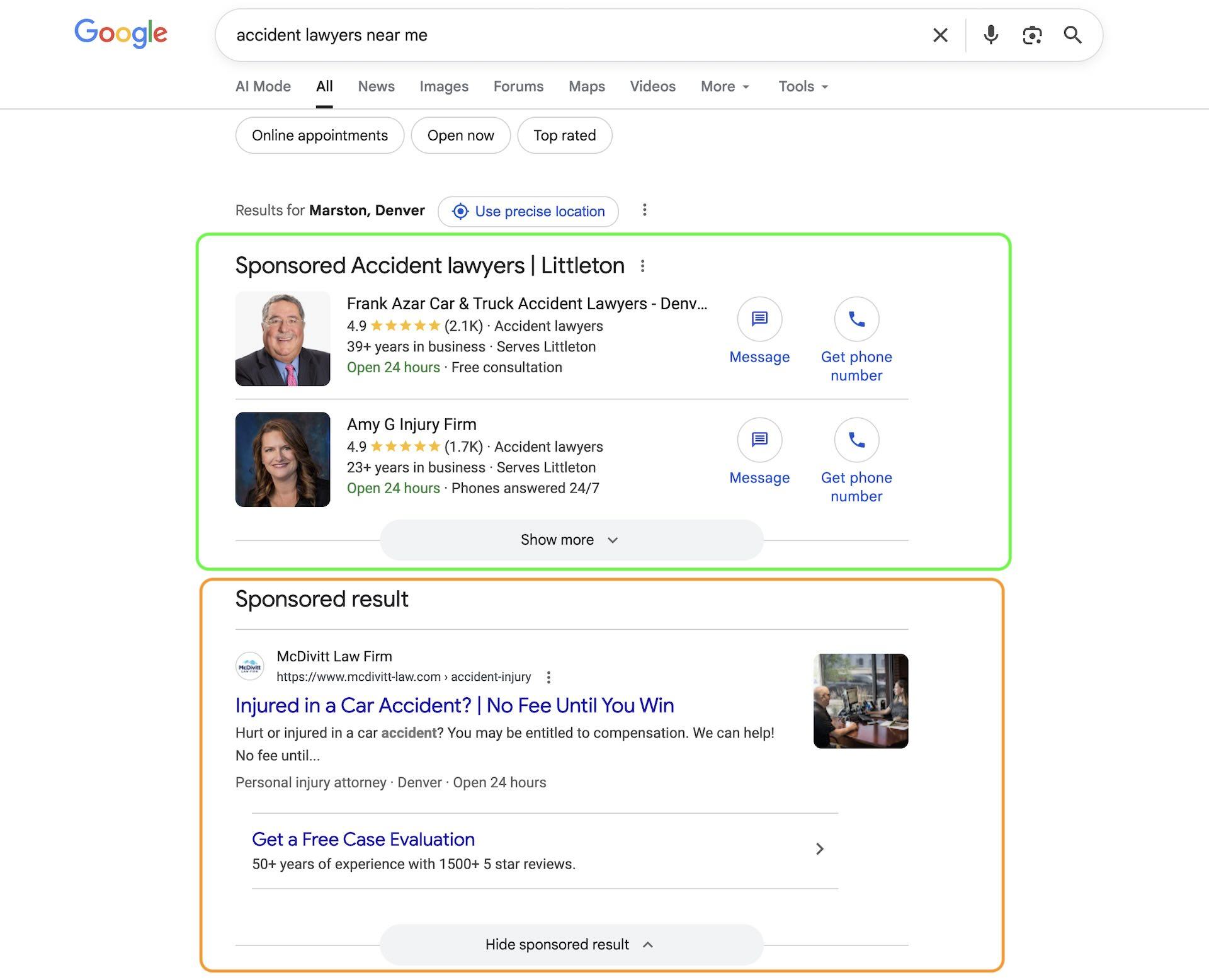 Google results for accident lawyers showing Local Service Ads above a sponsored search ad.