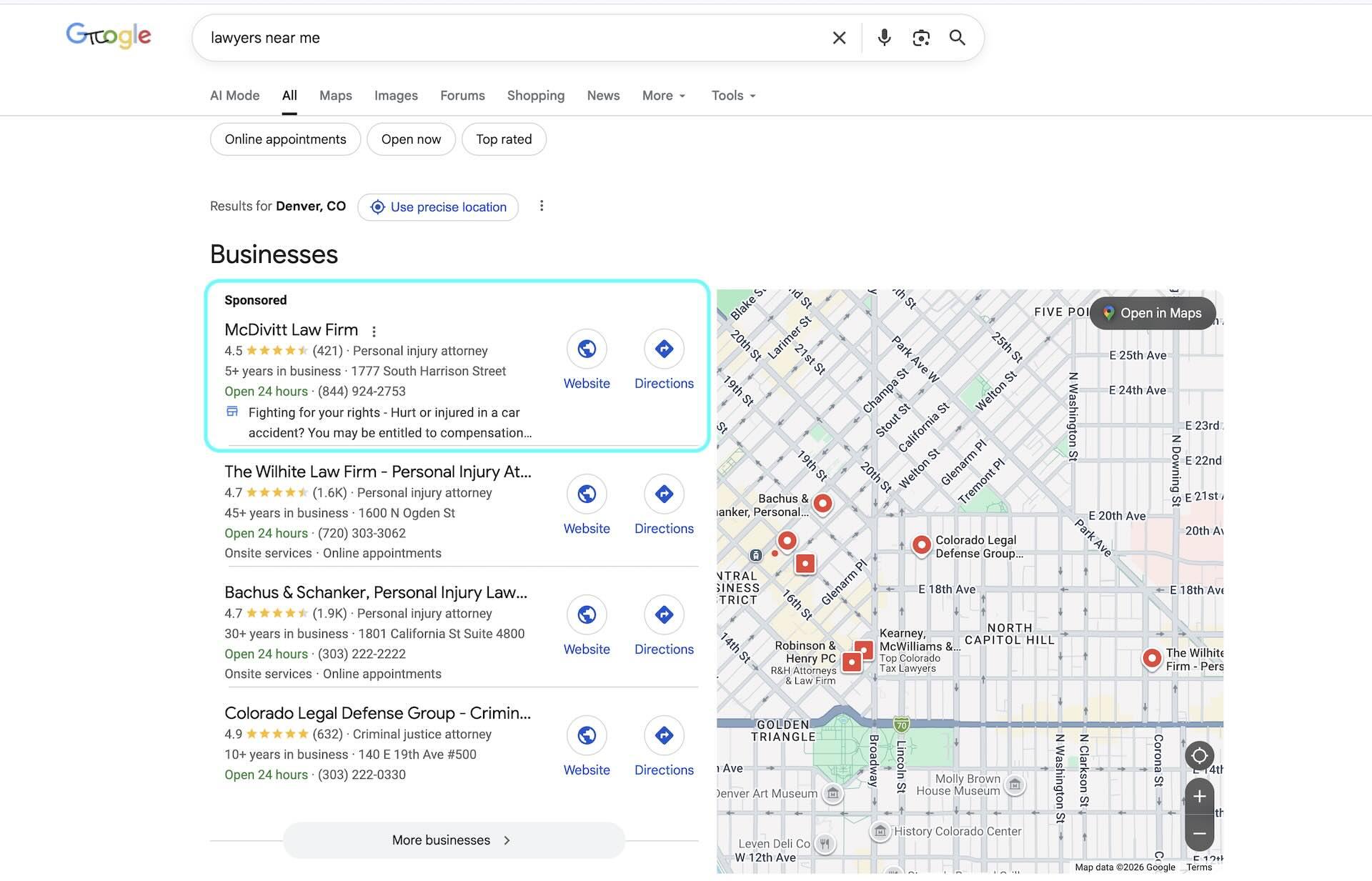 Google results for lawyers near me showing sponsored local pack listings in the map pack.