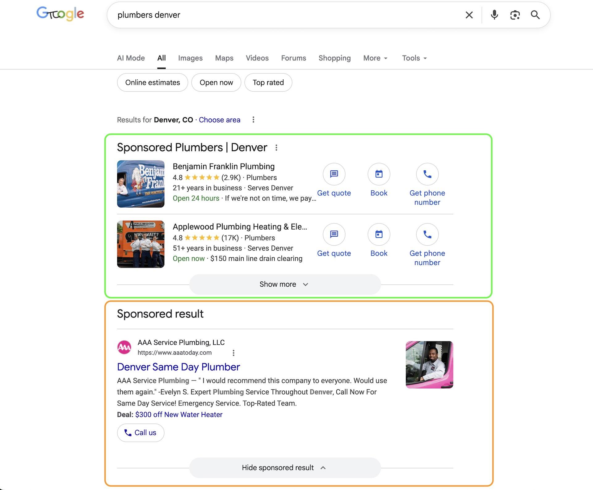 Google results for plumbers in Denver showing Local Service Ads followed by a sponsored search ad.